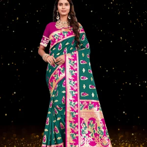 Regal Jade Green & Magenta Banarasi Figure Art Silk Saree[Baraat-108-4]