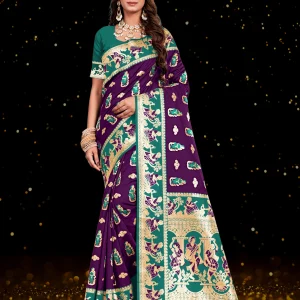 Imperial Purple & Jade Green Banarasi Figure Art Silk Saree[Baraat-108-3]
