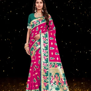 Rani Rose & Emerald Green Banarasi Figure Art Silk Saree[Baraat-108-5]